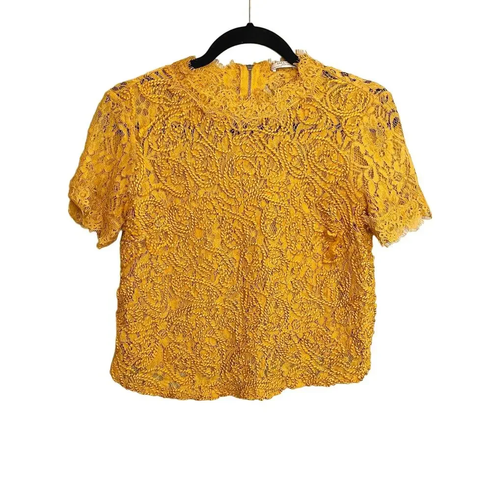 Zara Trafaluc Yellow Lace Short Sleeve Top Size M - Picture 1 of 6
